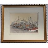 Peter Tom R.S.M.A. b.1940. 'Tied up Fishing Boats'. Watercolour with pen and ink. Signed, mounted