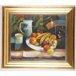 An oil painting still life of fruit in an interior in vivid hues, 76.5 x 66.5cm.