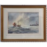 Peter Toms R.S.M.A. b.1940. 'Winter Moorings', watercolour with pen. signed lower right, 21.5 x 26.