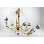 A contemporary brass 5 branch hanging ceiling light and a matching 2 branch wall light, central