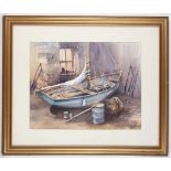 Peter Tom R.S.M.A. b.1940. 'In the Boathouse'. Watercolour interior boatyard, with a blue dinghy