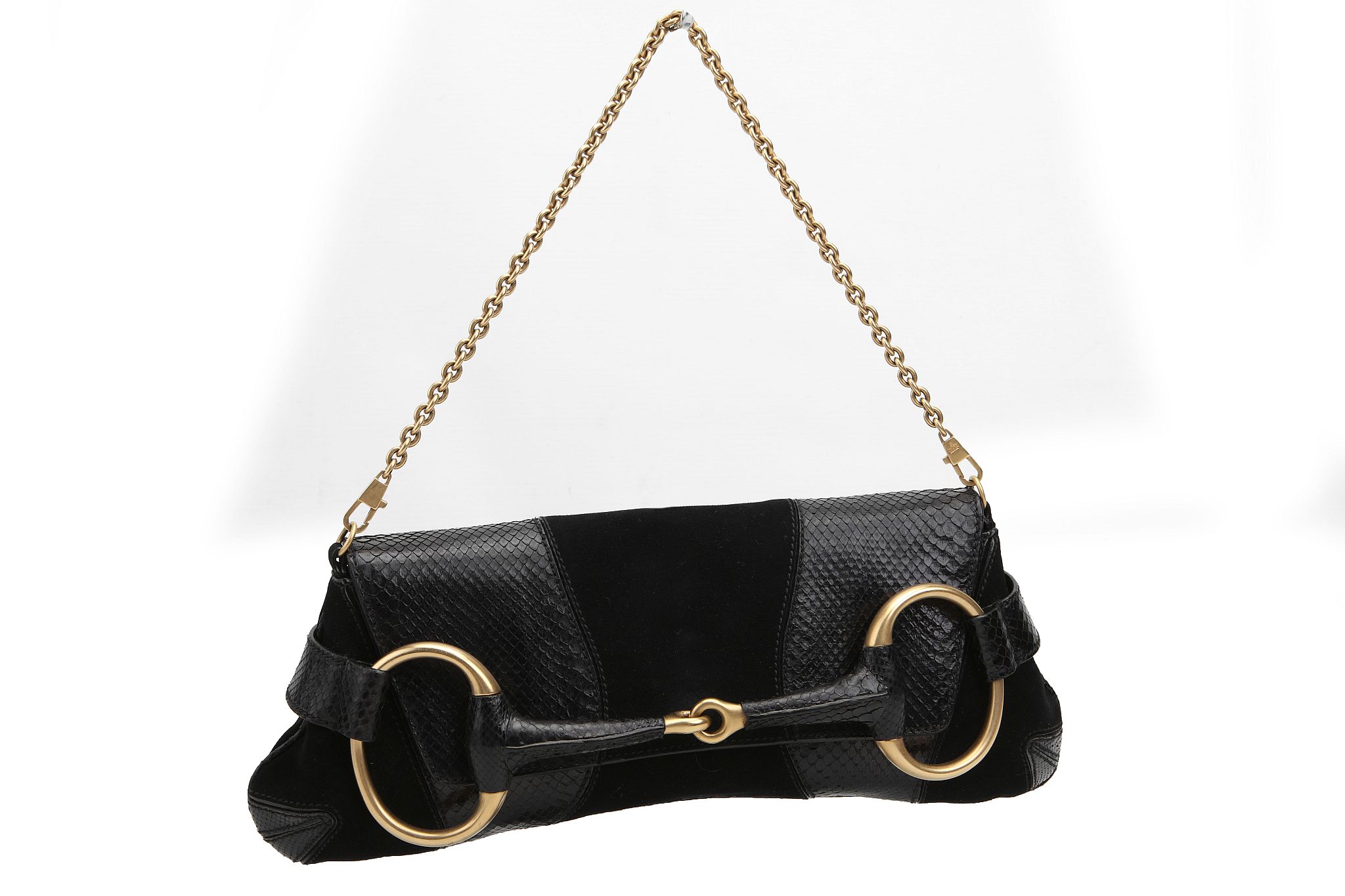 GUCCI HORSEBIT FLAP HANDBAG, black suede and python skin with gilt metal hardware,  38cm wide,