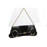 GUCCI HORSEBIT FLAP HANDBAG, black suede and python skin with gilt metal hardware,  38cm wide,