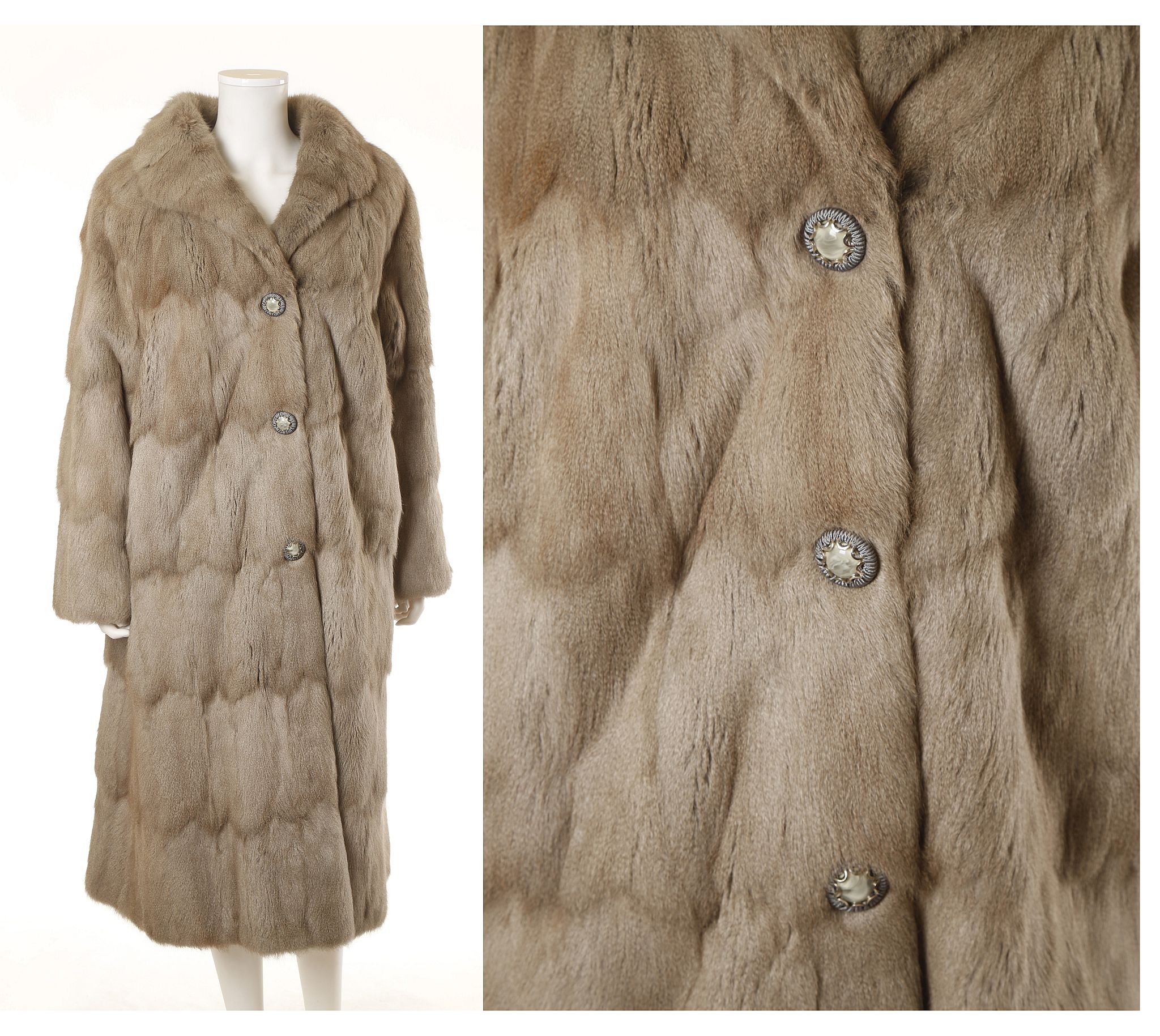 GREY SQUIRREL 3/4 LENGTH COAT, 1950s, with three large central buttons, chest 48" (122cm) wide,