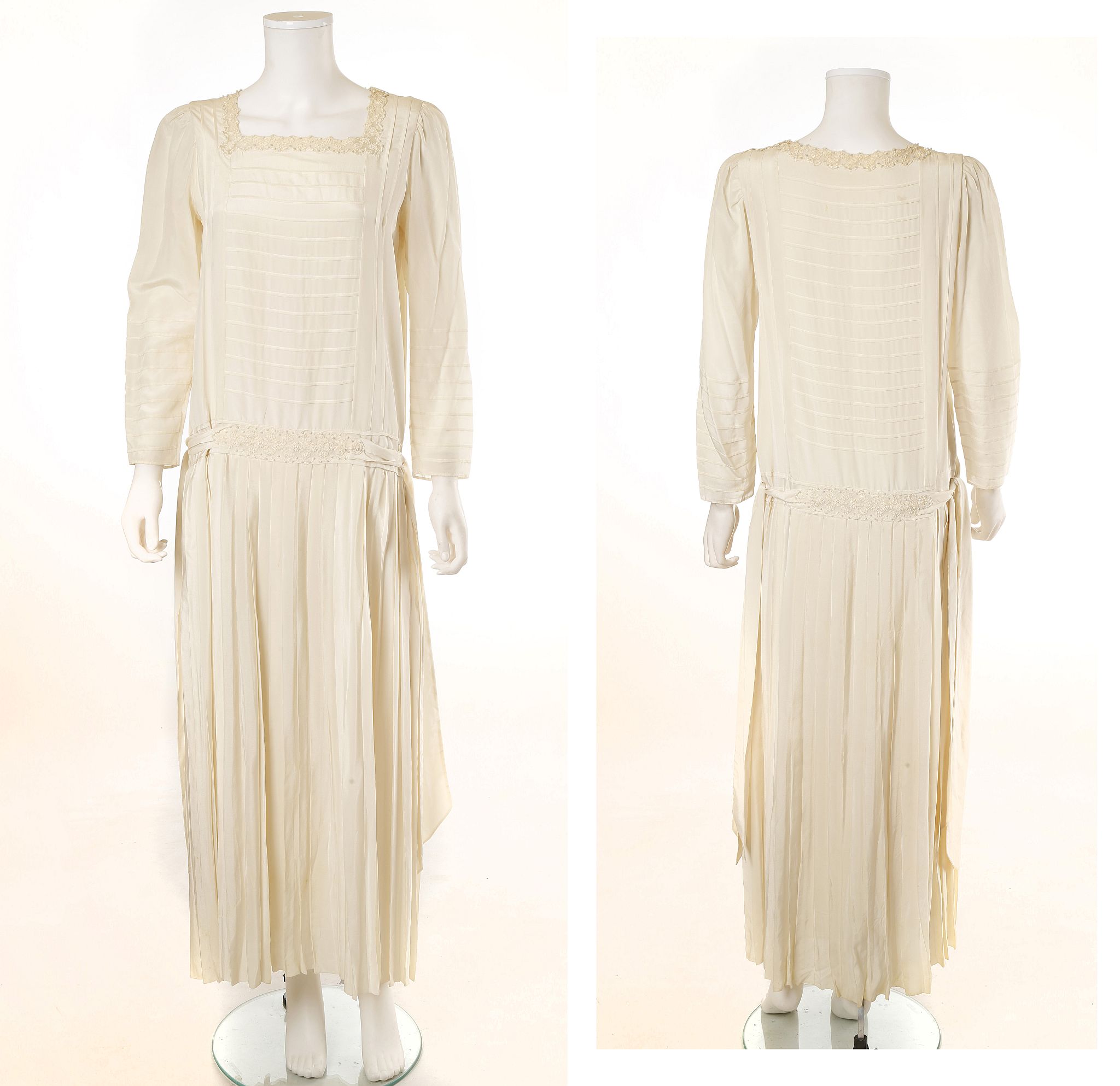 1930s CREAM SILK WEDDING GOWN, drop waist with long, slim pleated skirt, delicate floral lace and