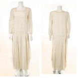 1930s CREAM SILK WEDDING GOWN, drop waist with long, slim pleated skirt, delicate floral lace and