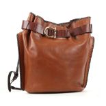 SALVATORE FERRAGAMO SHOULDER BAG, tan leather with saddle stitch details, thin leather shoulder