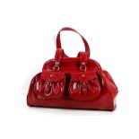 MOSCHINO PATENT RED LEATHER HANDBAG, with two front pockets and silver tone hardware, 42cm wide,