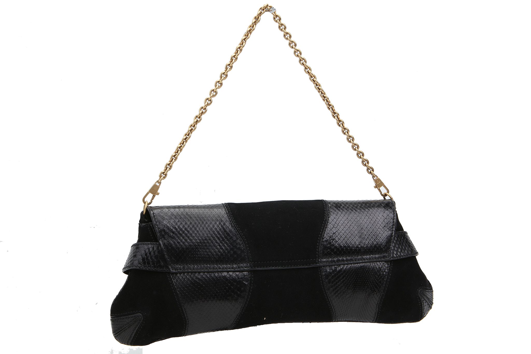 GUCCI HORSEBIT FLAP HANDBAG, black suede and python skin with gilt metal hardware,  38cm wide, - Image 2 of 4