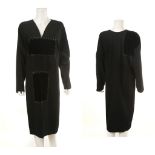 ROCCOBAROCCO 1960s BLACK WOOL DRESS, loose form decorated with velvet square panels and bugle beads