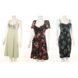 THREE KAREN MILLEN DRESSES, one a pale green and diamante cocktail dress, size UK 10, one black