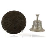 Victory bell made from German aircraft destroyed over Britain, 11.5cm diameter and a carved wooden