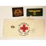 German SS WWII Red Cross armband Lebensborn, with ink stamp, German 1940's sports badge, another
