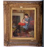 Victorian school, oil on canvas, interior scene, young girl with a dog, framed, 25 x 19cm.