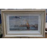 An oil painting Venetian view with sailboats offshore, 19.5 x 39cm.