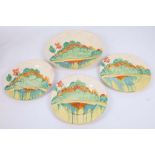 Clarice Cliff, three 'Patina Country' plates  (18cm diameter), together with a matching shallow dish