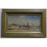 An oil painting of an extensive coastal scene with fishing boats and figures on shoreline, gilt