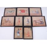 A set of nine 19th Century Indian mica gouaches, depicting various figures including a camel rider