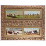 An Edwardian pair of coaching scene oils, framed as one, sold together with a pair of steeplechasing