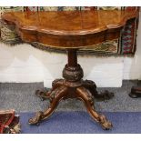 A Victorian burr walnut serpentine fronted card table, with swivelling top on cabriole legs, 102cm