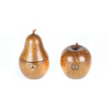 AN 18TH CENTURY STYLE FRUITWOOD APPLE TEA CADDY TOGETHER WITH A PEAR SHAPED TEA CADDY both with foil