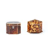 TWO SMALL EARLY 19TH CENTURY TORTOISESHELL AND IVORY STRUNG TEA CADDIES the first of octagonal