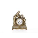 A MID 19TH CENTURY FRENCH GILT BRONZE AND PORCELAIN MOUNTED FIGURAL MANTEL CLOCK BY RAINGO FRERES