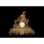 A MID 19TH CENTURY FRENCH GILT METAL FIGURE MANTEL CLOCK DEPICTING A HUNTER the male figure carrying