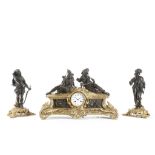 A LARGE LATE 19TH CENTURY FRENCH GILT AND PATINATED BRONZE FIGURAL CLOCK GARNITURE BY ALIX A PARIS