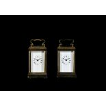 A PAIR OF 20TH CENTURY FRENCH MINIATURE LACQUERED BRASS CARRIAGE CLOCKS of similar form, both in