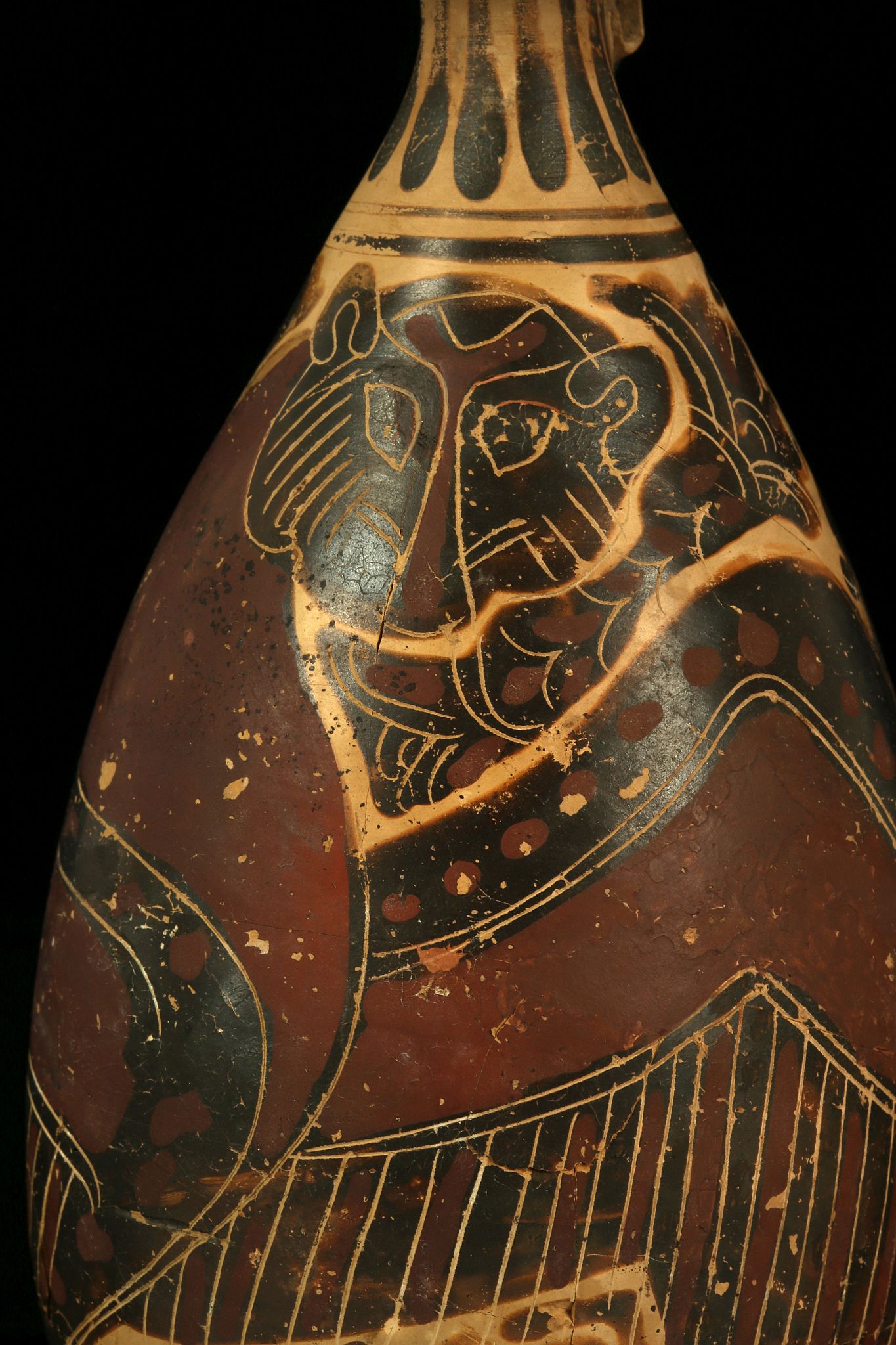 A CORINTHIAN POTTERY ALABASTRON Circa 6th Century B.C. Decorated in crimson and brown, with added - Image 2 of 6