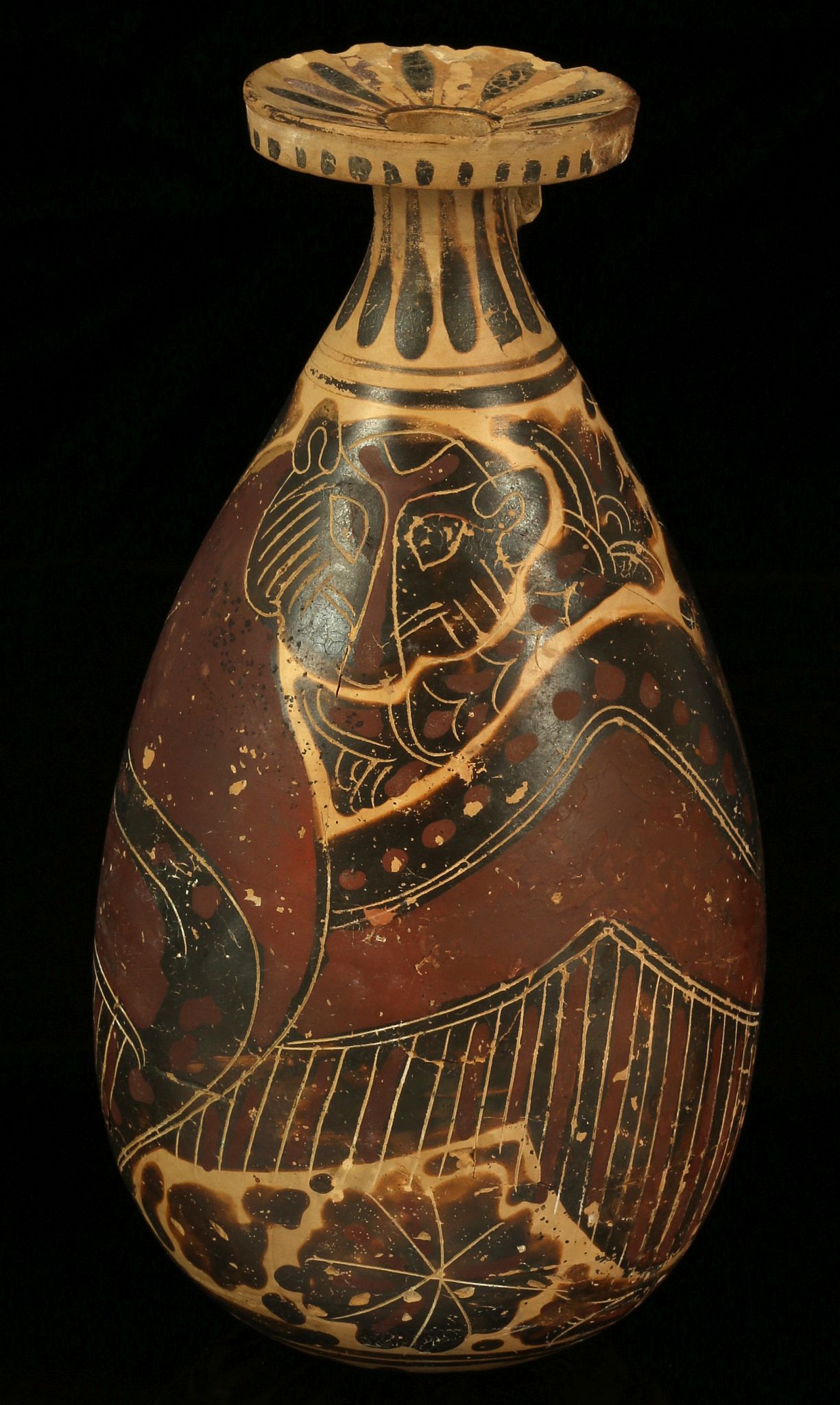 A CORINTHIAN POTTERY ALABASTRON Circa 6th Century B.C. Decorated in crimson and brown, with added - Image 3 of 6