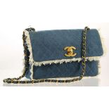 CHANEL MAXI FRINGED DENIM FLAP BAG, date code for 1991/93, light blue quilted denim with white