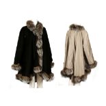 GRUNSTEIN BLACK WOOL AND SWING COAT WITH FOX FUR TRIM, reversable with silver rain proof side,