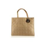 CHRISTIAN DIOR 'LADY BAG', taupe quilted silk with patent leather trim, silver tone 'DIOR' charm,