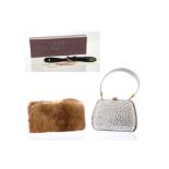 ASPREY EVENING BAG, grey satin with diamante decoration, together with an unsigned mink clutch