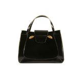 CHRISTIAN LACROIX SHOULDER BAG, black rubberised leather with yellow trim, gilt metal hardware,