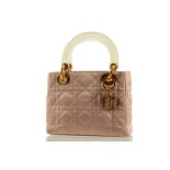 CHRISTIAN DIOR MINI LADY DIOR HANDBAG, pink quilted satin with perspex handles, gilt tone hardware