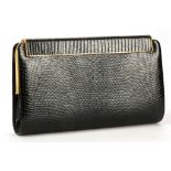 ASPREY NAVY LIZARD CLUTCH, on gilt metal frame with lift up hinged clasp, 20cm wide, 12cm high