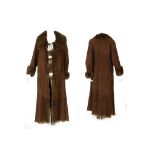 LONG SHEARLING COAT, dark green/brown with fox fur toggles, size UK 10