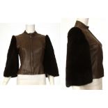 JASPER CONRAN BROWN LEATHER AND MINK JACKET, brown leather with bracelet length flare darkest