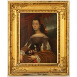 CIRCA 17TH CENTURY, oil on panel portrait of a refined Spanish lady, seated with a King Charles