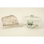 A modern Lalique frosted glass model of a bull, raised on rectangular shaped base, etched mark -