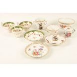 A collection of porcelain teaware, to include a twin-handled ornithological chocolate cup and saucer