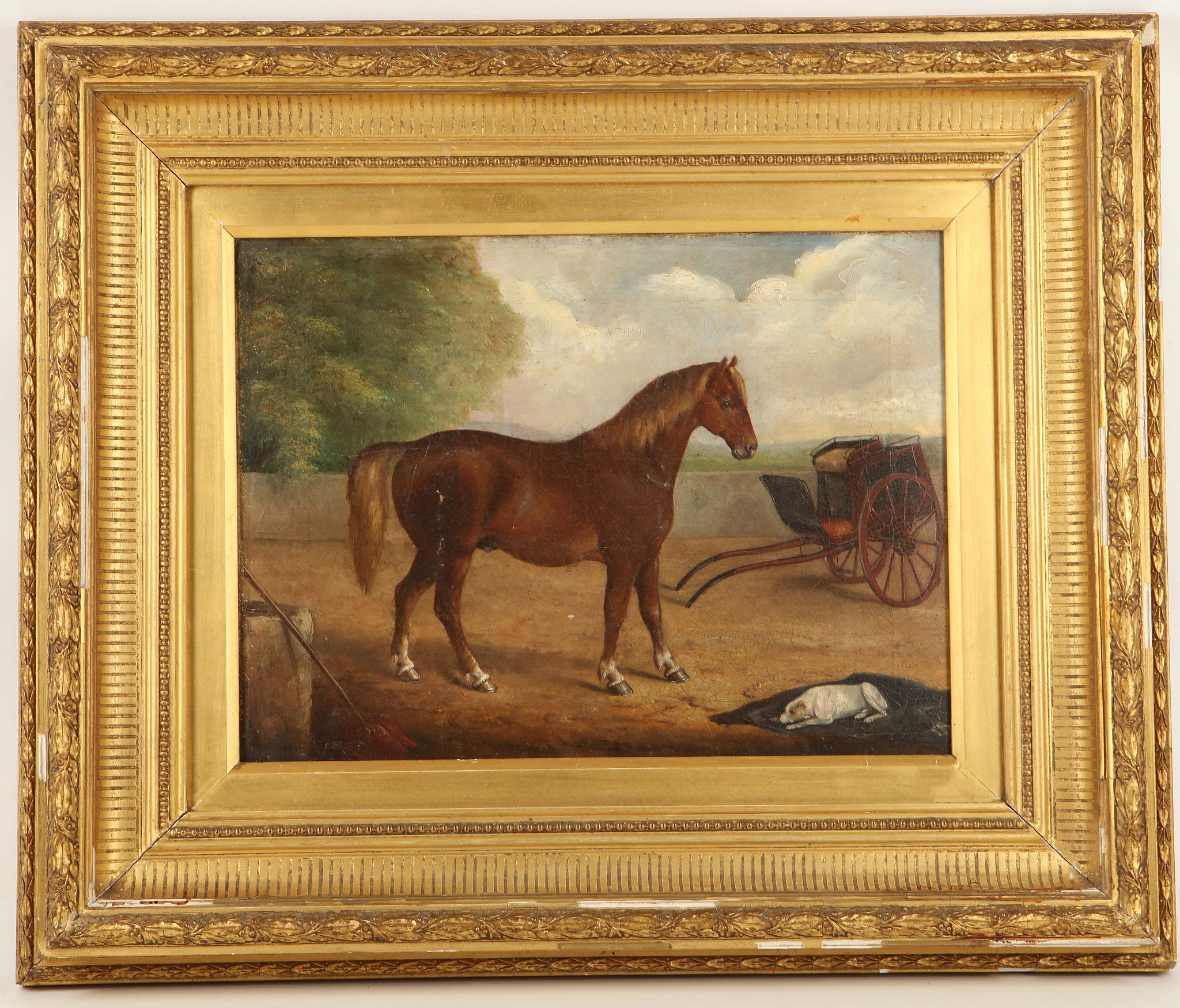 A Victorian oil on canvas of a horse with wagon in background, gilt framed.