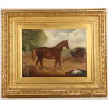 A Victorian oil on canvas of a horse with wagon in background, gilt framed.