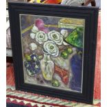 A studio framed oil painting still life of flowers in a vase. 23x47cm