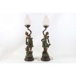 A pair of continental bronzed figural lamps with glass flame shades. Height: 68cm