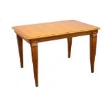 A 1950s FRENCH DINING TABLE, in stained beech, with maquetry top, and cabriole legs, terminating