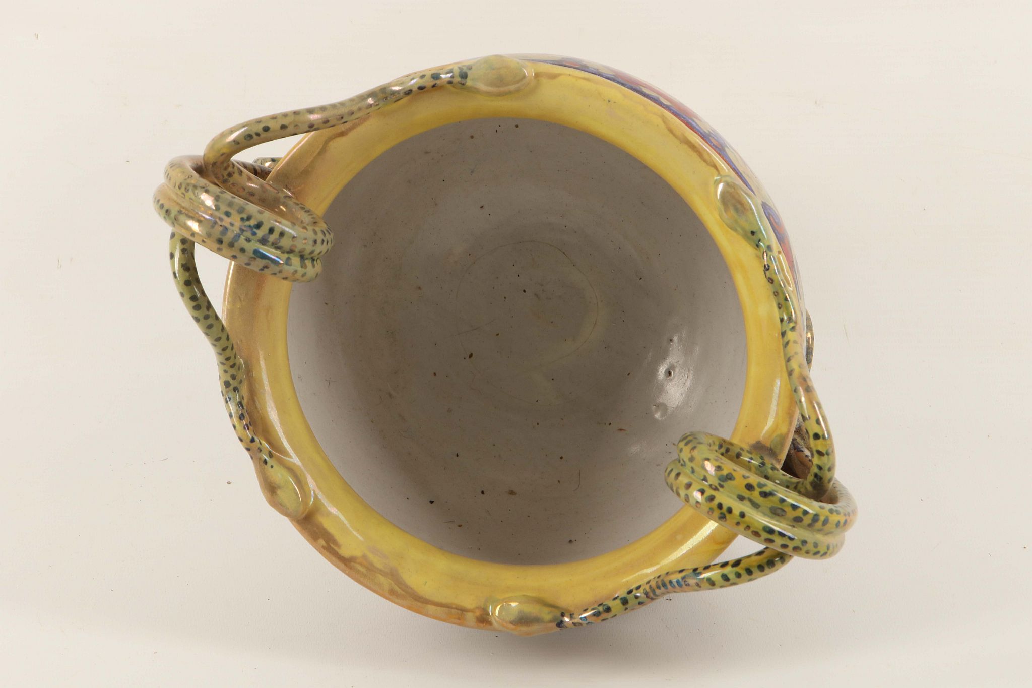 A 19th Century Italian majolica vase with twin snake handles, decorated in lustrous glazes in - Image 3 of 4